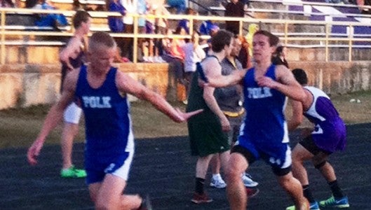Polk’s Mitchell Brown set to receive baton from Eli Hall in the 1600 Meter Medley at WHKP Relays. (photo submitted by Jenny Wolfe) 