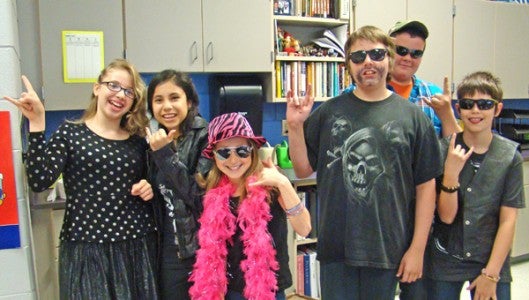 6th graders strike a pose at a kick off recently for Rock the Test at PCMS. Left to Right: Krista Neal, Karen Ramirez, Amelia Nespeca, Tristan Raines, Noah Horseman, Timbo Bradley. 